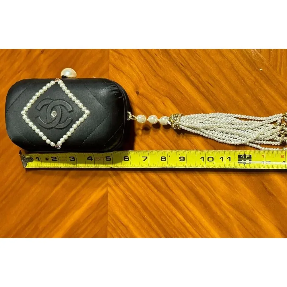 Chanel Vintage Women's Evening Purse Satin/Leather Pearl Embellished A+